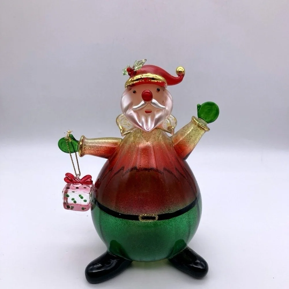 Vintage 1990's Hand Blown Glass Santa Figurine Pear Shaped Waving With Gift Fun